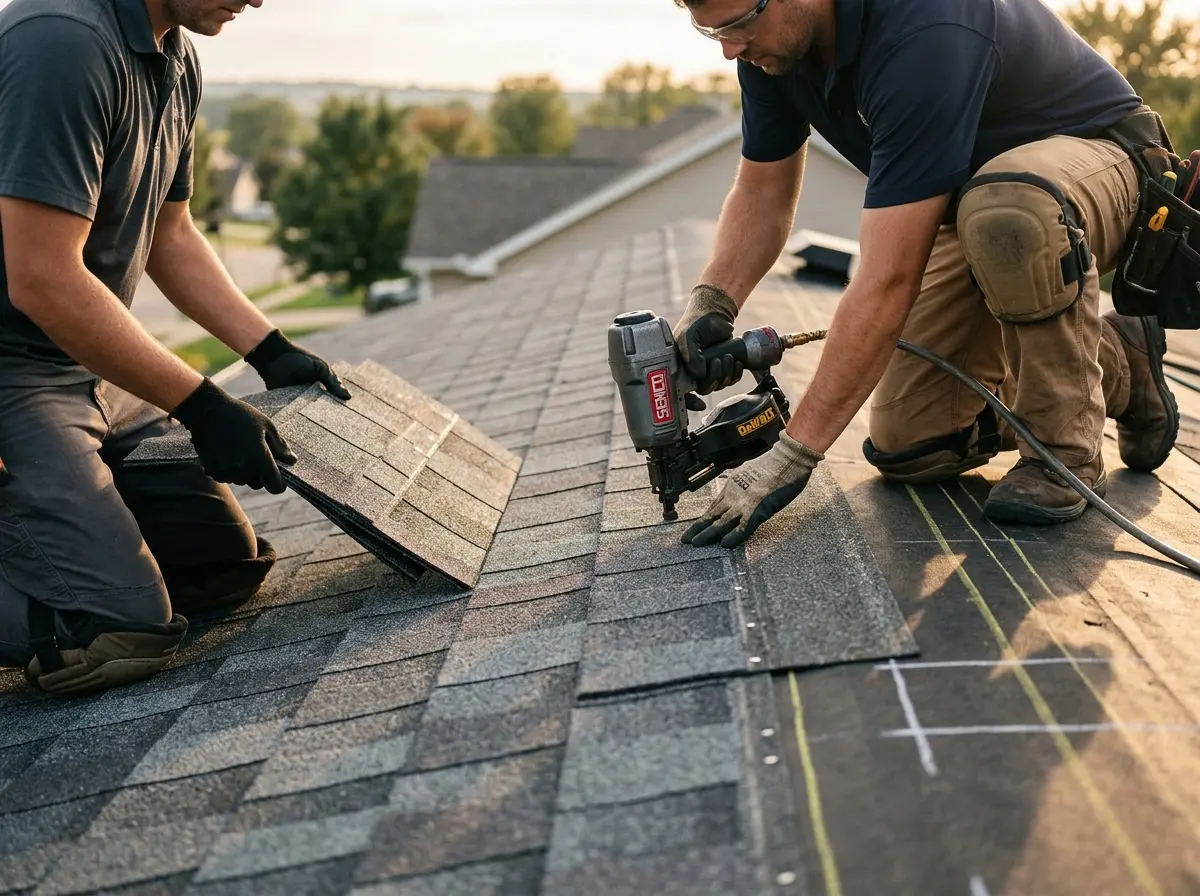 Professional roofer working on a residential roof in Atlantic
